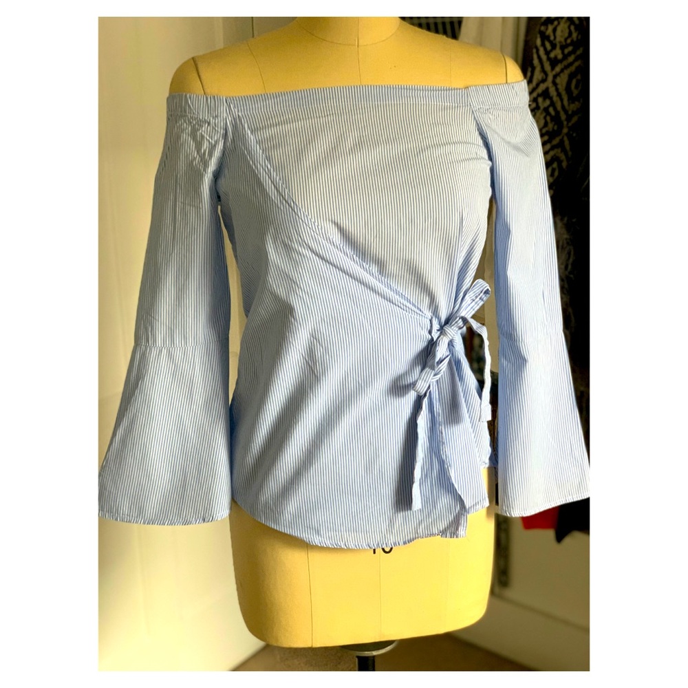 Off the shoulder blue striped blouse